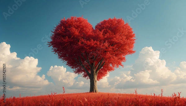 Obraz 赤いハートの樹形が目を引く自然背景 愛と祝福を表現するモチーフ.生成AI