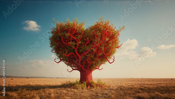 Obraz 記念日のメッセージに合わせやすい赤いハート形の木 愛の自然モチーフ.生成AI