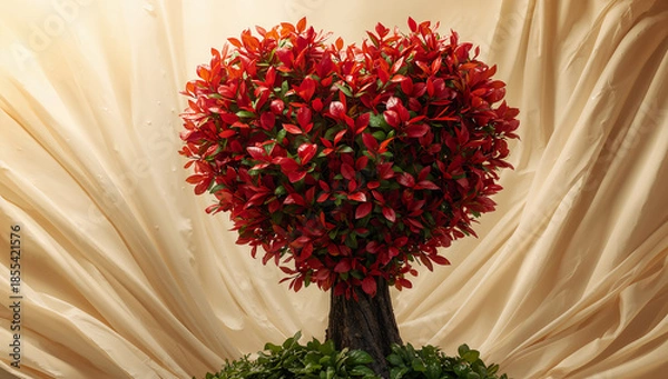 Obraz 恋愛や告白のイメージに合う赤いハート形の樹木 幻想的な自然背景.生成AI