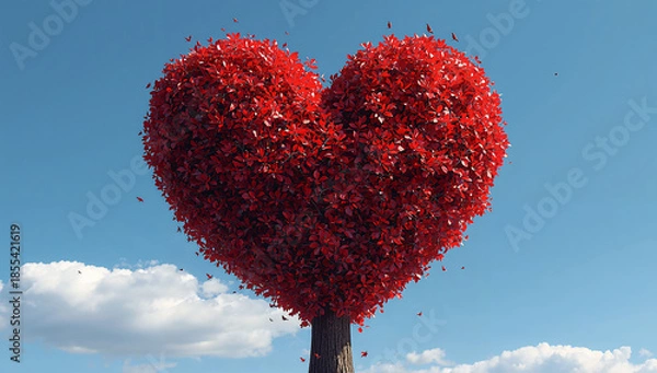 Obraz 光に照らされる赤いハート形の木 祝福と愛を表現する自然シーン.生成AI