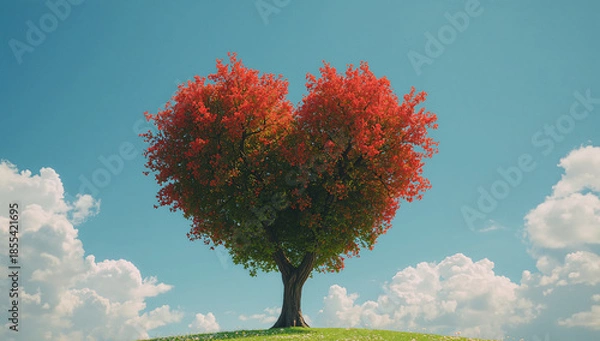 Obraz バレンタイン広告向け赤いハート形の木 自然の中のロマンス表現.生成AI