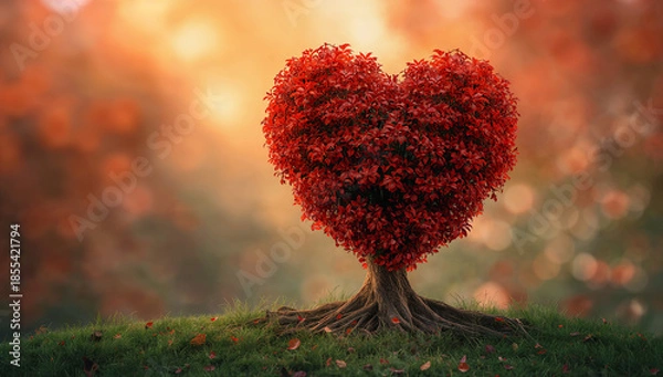 Obraz バレンタインの雰囲気を高める赤いハート形の木 ロマンスの象徴.生成AI