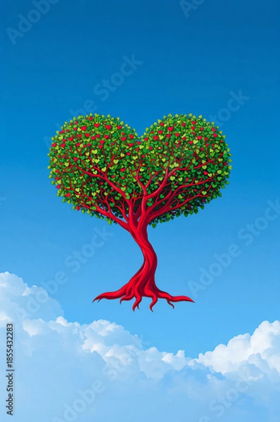 Obraz 赤いハートツリーで作るロマンチックな縦背景イメージ素材. 生成AI