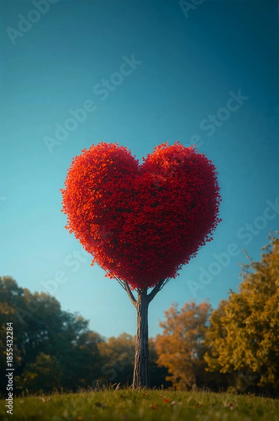 Obraz 赤いハート形の木が象徴する愛と記念日のロマンチック縦背景. 生成AI