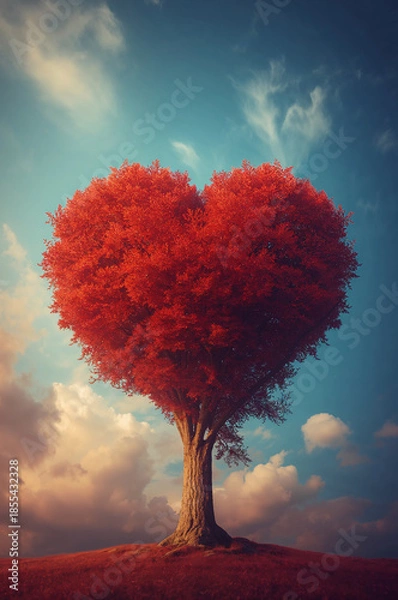 Obraz 記念日やプロポーズ向け赤いハートツリーの縦ビジュアル背景. 生成AI