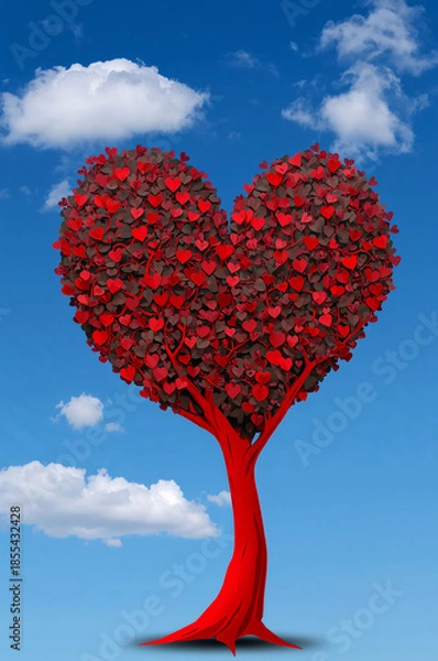 Obraz 結婚式の案内に合う赤いハート形ツリーの縦デザイン背景. 生成AI
