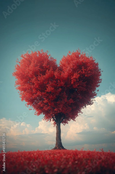 Obraz 愛をテーマにした赤いハート形の樹が印象的な縦デザイン. 生成AI