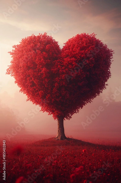 Obraz 愛の象徴ハート型の木を赤で表現した縦ポスター風背景. 生成AI