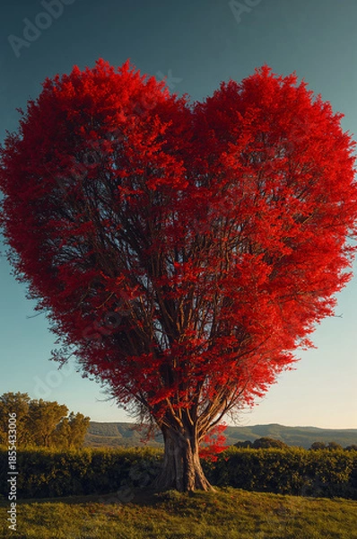 Obraz 恋人へのメッセージが映える赤いハートツリー縦デザイン背景. 生成AI