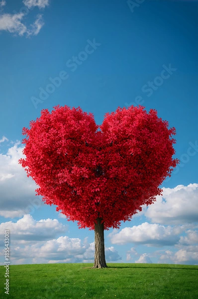 Obraz ロマンチックな雰囲気を演出する赤いハートツリー縦構図. 生成AI