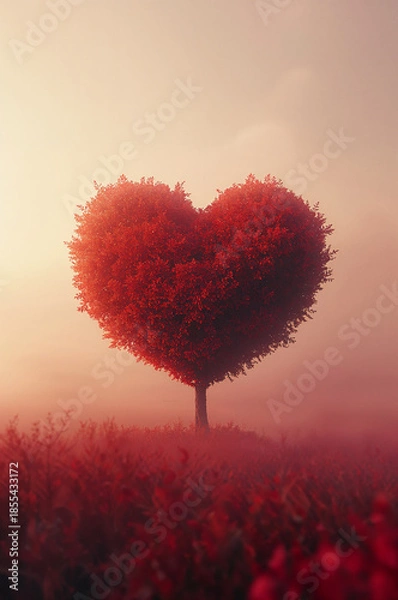 Obraz バレンタイン広告に使える赤いハートの木の縦構図デザイン. 生成AI