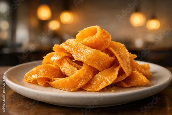 Obraz Pile of Dried Mango Slices on White Plate in Cozy Setting