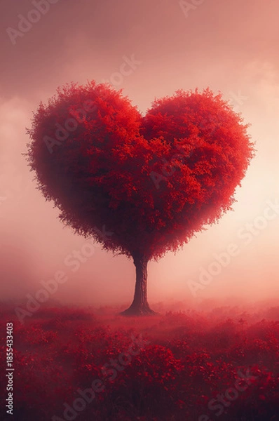 Obraz ギフトや告白の季節に使える赤いハートツリー縦背景素材. 生成AI