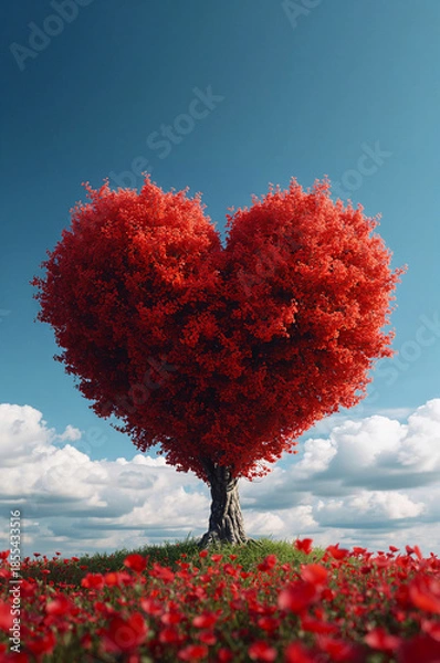 Obraz ウェディングの装飾に合う赤いハートシェイプツリー縦背景. 生成AI
