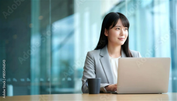 Obraz オフィスでコーヒーを横に置いてパソコン作業をする女性