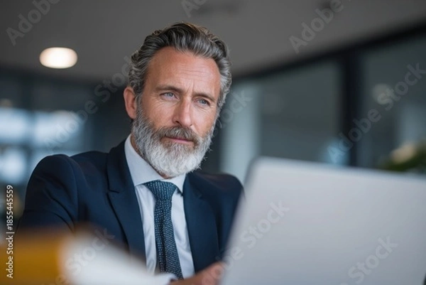 Fototapeta Senior businessman working on laptop office