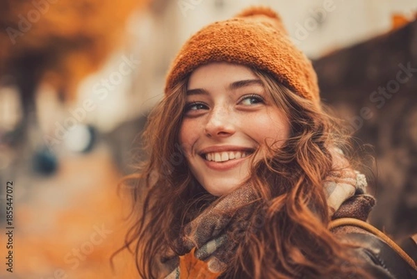 Fototapeta Smiling young woman in autumn outfit outdoors