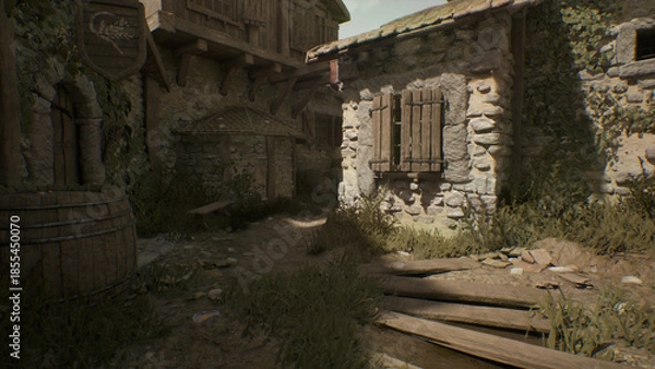 Obraz 中世の村　樽のそばの午後