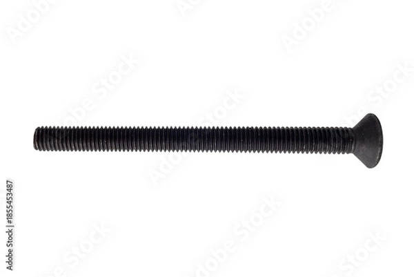 Obraz A single long black metal bolt with a flat countersunk head and full threading, isolated on a clean white background. 