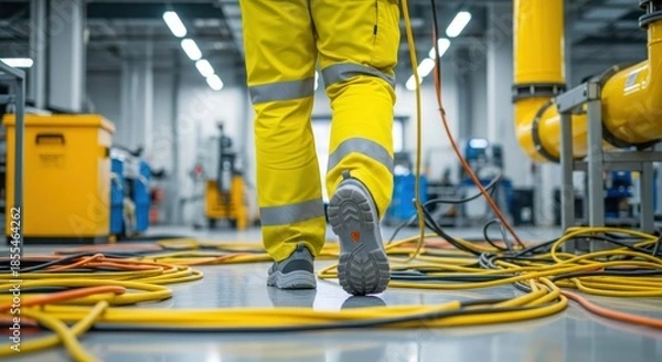 Fototapeta Worker in yellow uniform walks across wet factory floor. Cables scattered creating tripping hazard. Unsafe conditions