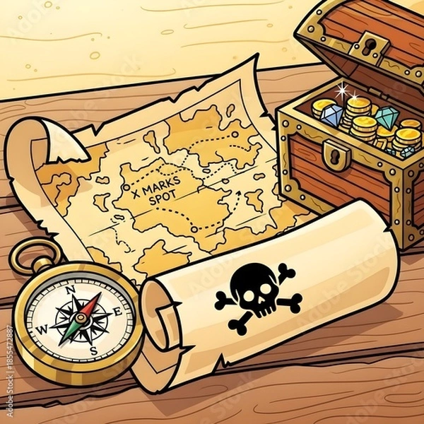 Obraz treasure map and compass