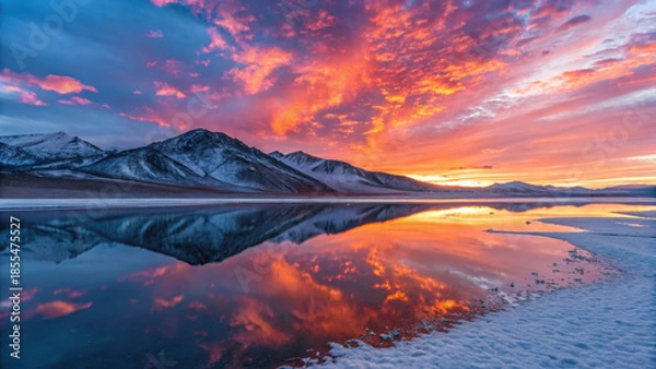 Obraz Glacier landscapes plateau sunrise vivid reflection mountain lake snow horizon colorful sky calm