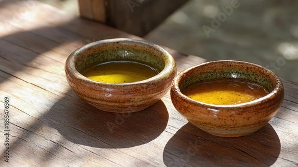 Obraz Two ceramic bowls filled with sauce sitting on a wooden table