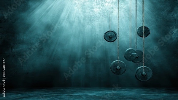 Fototapeta Cast Iron Weights Suspended in Blue Underwater Environment