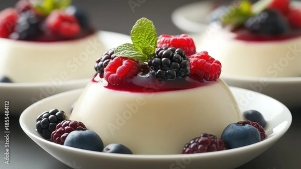 Fototapeta Close up of gourmet dessert with fresh berries and mint