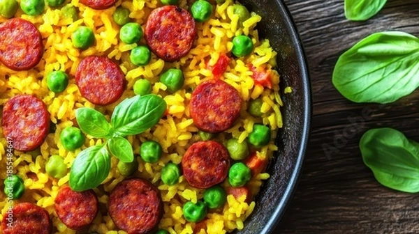Fototapeta Close up overhead view of Spanish paella with chorizo and peas