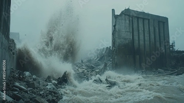 Fototapeta Debris laden water flooding and destroying a concrete structure