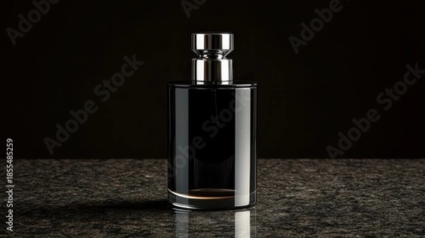Fototapeta Elegant Black Perfume Bottle with Silver Cap on a Stone Table