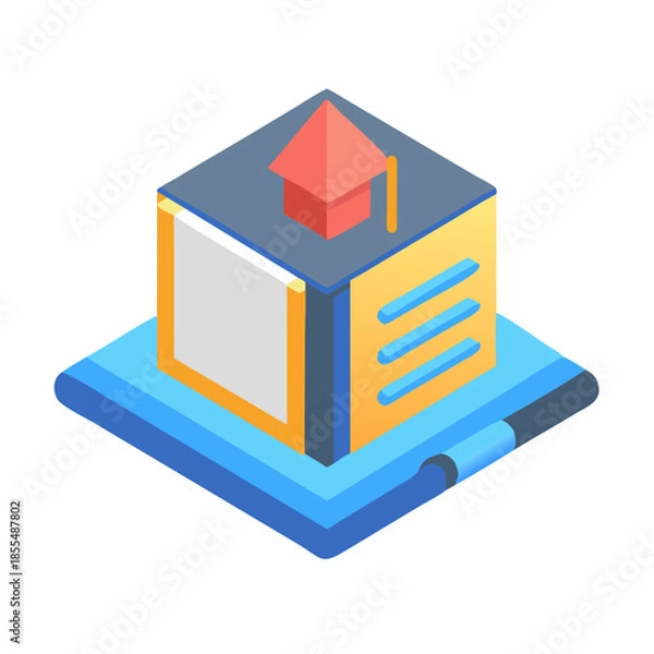 Fototapeta Isometric digital learning platform with graduation cap and textbook