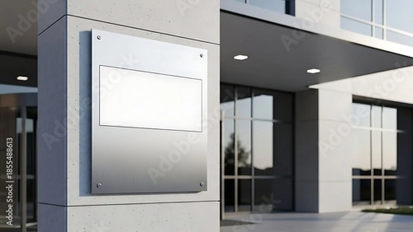 Obraz Modern office building entrance with blank signboard on a concrete pillar, sleek architecture, and large glass doors reflecting the surroundings
