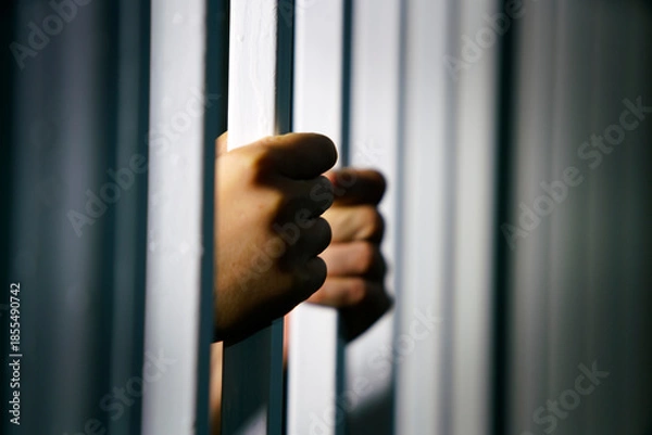 Obraz Hands Grasping Jail Bars in Shadowy Light with Dramatic Effect