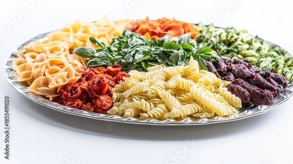 Fototapeta Various colorful pasta types in a large serving dish