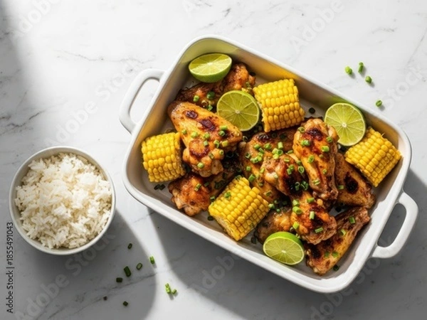 Fototapeta Delicious grilled chicken with corn on the cob and rice on a marble surface with fresh lime slices and herbs