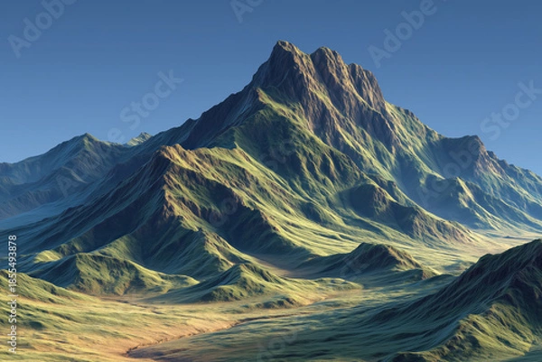 Obraz Majestic mountain peak under clear blue sky with sunlit green slopes