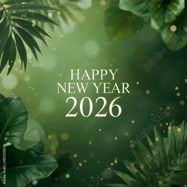 Fototapeta Elegant Happy New Year 2026 Greeting with Green Nature Theme. 