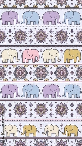 Obraz Colorful Elephant Pattern with Floral Elements on Light Background for Creative Design Projects