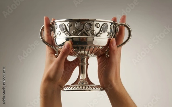 Obraz Hands holding a silver trophy cup with ornate designs and handles