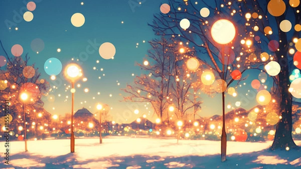 Obraz 雪が舞い降りる穏やかな冬のひとときを描いた自然風景イラスト素材｜静寂、落葉樹、粉雪、白い世界、空気感、Gペン仕上げ、情景描写、ストックフォト向け素材