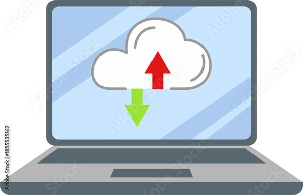 Obraz cloud computing and data transfer icon. laptop with upload and download icon. online storage. file synchronization. cloud service. digital data