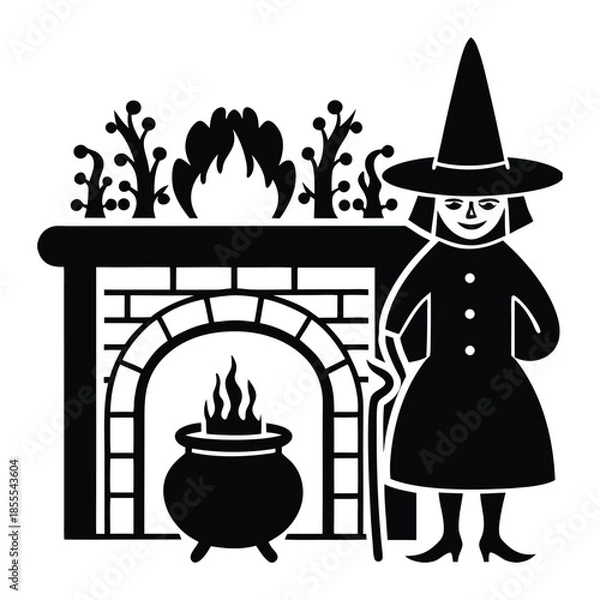 Obraz Witch with Cauldron and Fireplace Vector Illustration