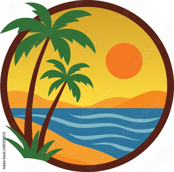 Obraz Vibrant tropical beach landscape with palm trees at sunset over the blue ocean