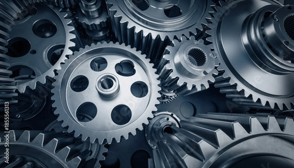 Obraz Interlocking metallic gears and cogs forming a mechanical assembly.