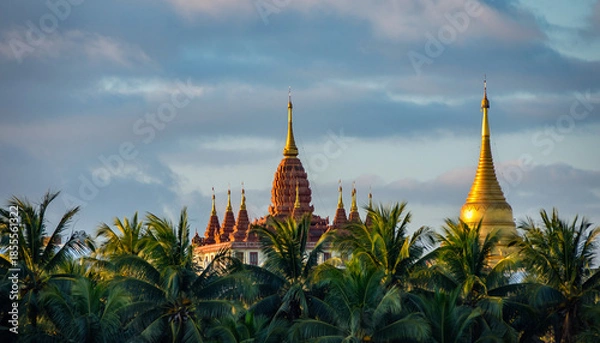 Obraz Ancient temple with multiple spires surrounded by lush palm trees.