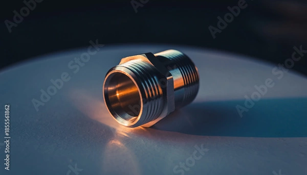 Obraz Metal threaded connector or coupling on a smooth surface with lighting reflections.