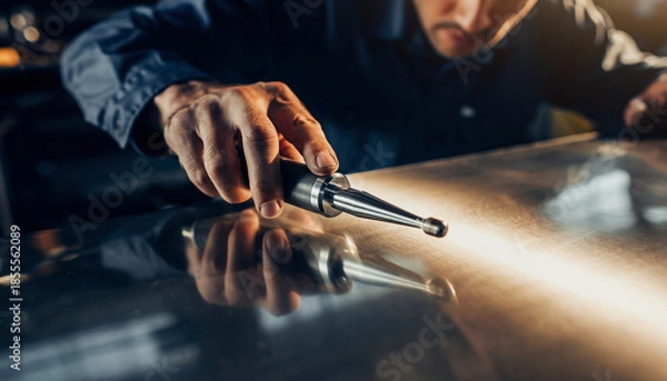 Obraz Person using a handheld tool on a metallic surface in a workshop setting.