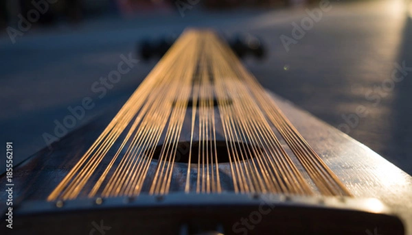 Obraz Close-up of a guitar stringed instrument laid on a wooden surface.
